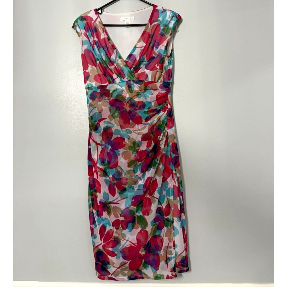 London Times Women’s Size 6 Multicolor Floral V-Neck Cap Sleeve Knee Dress